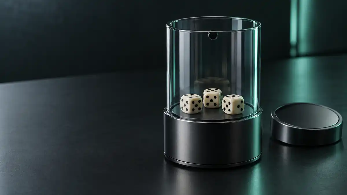 AI 設備概念圖：透明骰盅、三骰與相機，非 D-i-Shaker 實物或維修圖